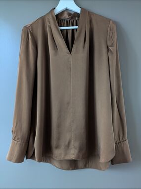 Elie Tahari Bronze 100% Silk Pleated V-Neck Blouse Size Small